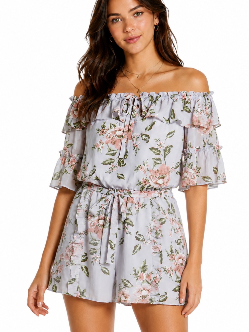 Wayf Jasper Off-Shoulder Floral Romper in Dusty Blue